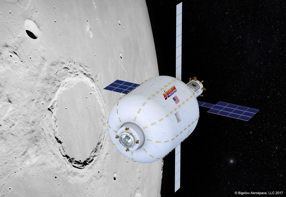 This illustration depicts a Bigelow Aerospace BA-330 space habitat in orbit around the moon, where it could serve as a waystation for astronaut crews and a refueling depot for visiting spacecraft.